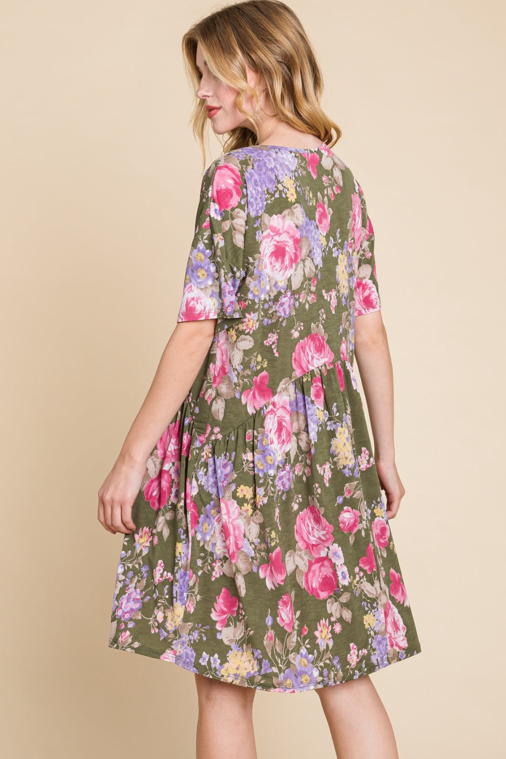 Suzette Flower Print V-Neck Ruched Dress