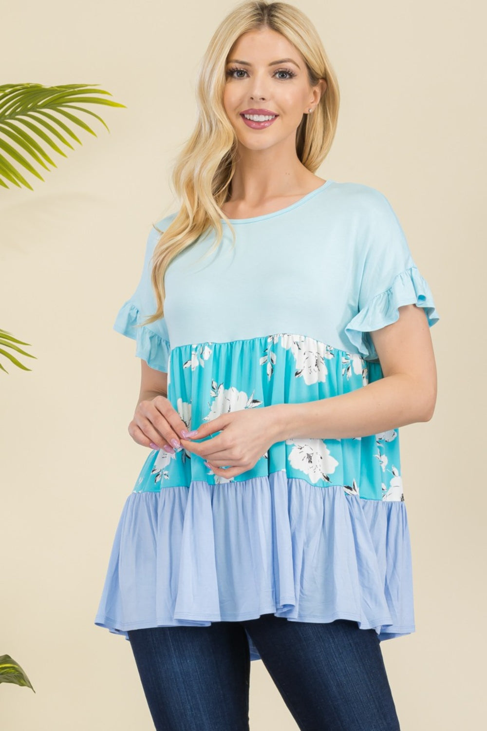 Amy Floral Color Block Ruffled Top