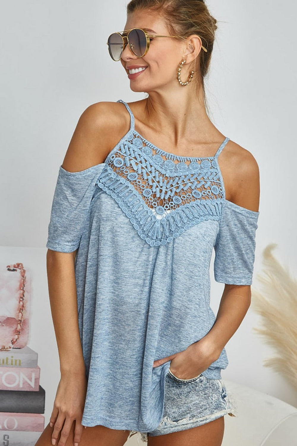 Asha Front Crochet Lace Top in Vintage Denim