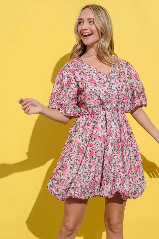 Virginia Floral Surplice Puff Sleeve Dress in Pink