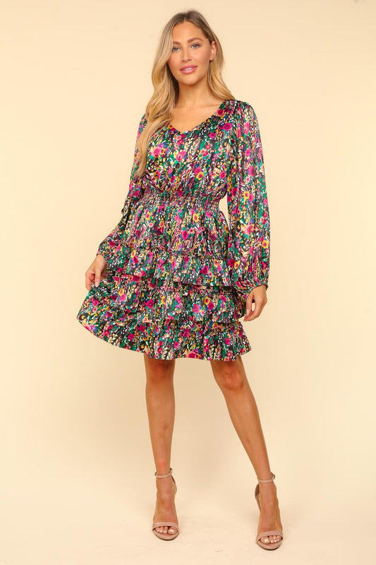 Jayda V-Neck Satin Floral Layered Dress