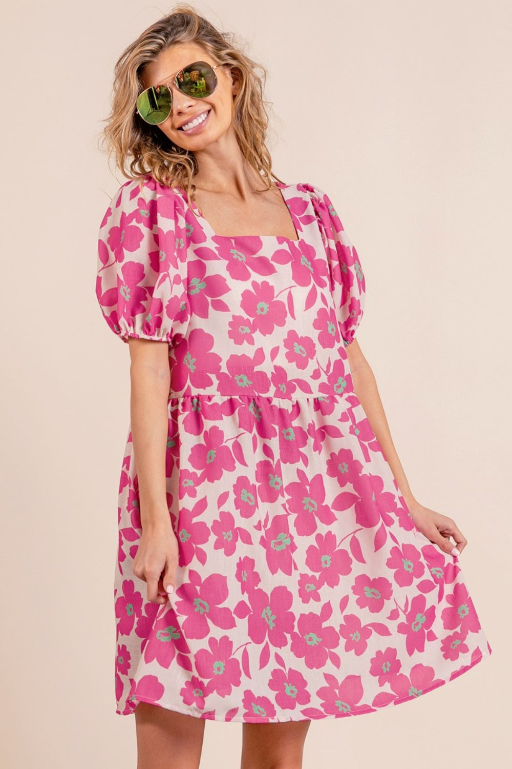 Ariella Printed Square Neck Puff Sleeve Mini Dress