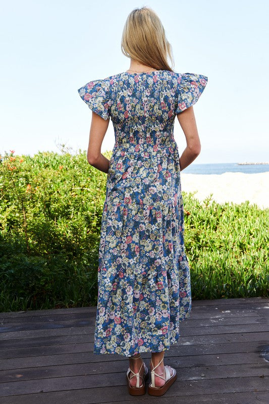 Marlena Floral Flutter Smocking Midi Dress