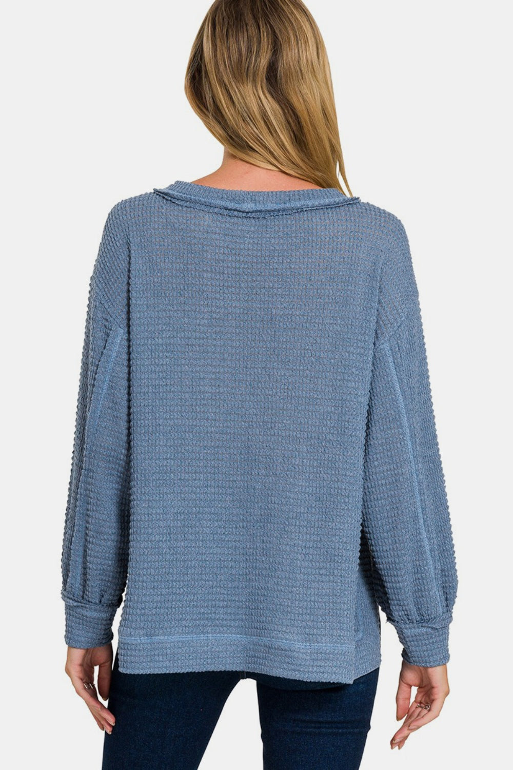 Exposed Seam Side Slit Long Sleeve Top in Dusty Blue