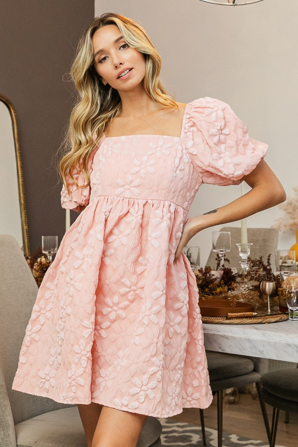 Lolis Flower Square Neck Puff Sleeve Dress