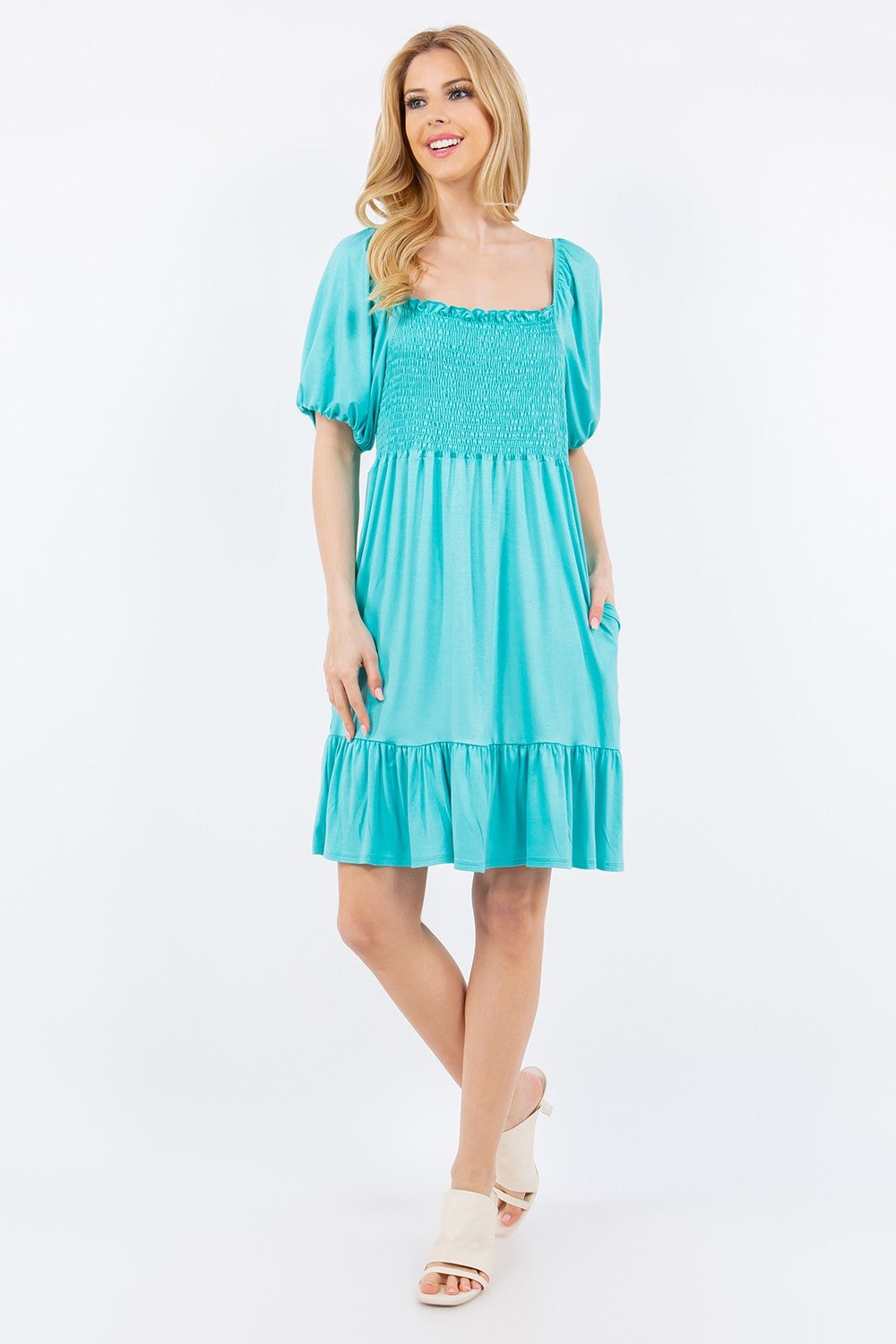 Deena Ruffle Hem Short Sleeve Smocked Dress