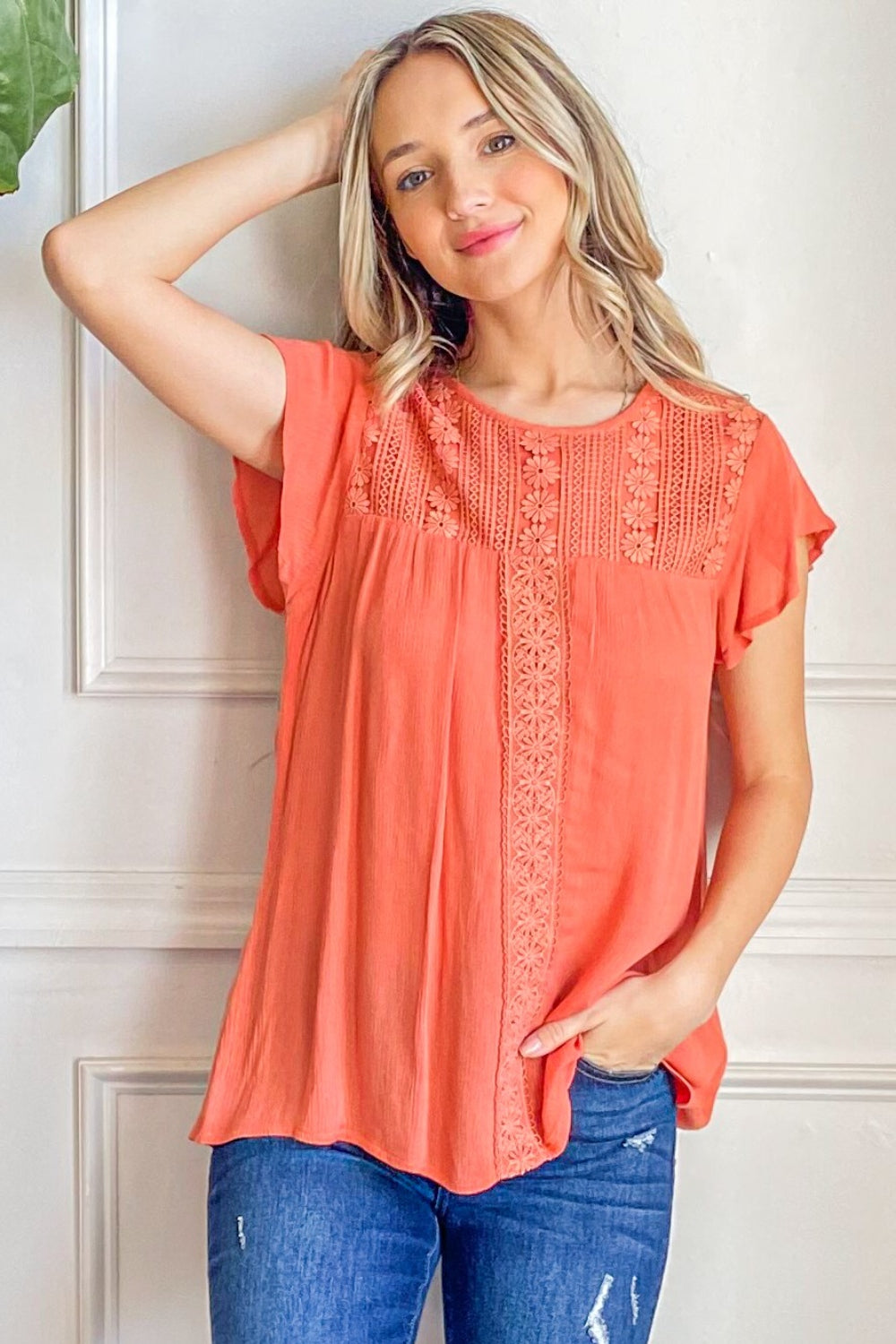 Stephanie Lace Ruffle Short Sleeve Top