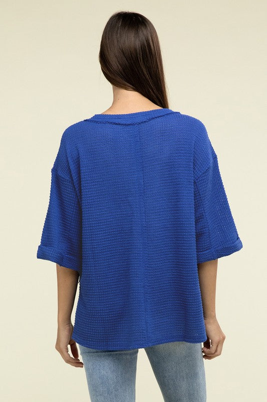 Sydney Brushed Waffle Exposed-Seam 3/4 Sleeve Top