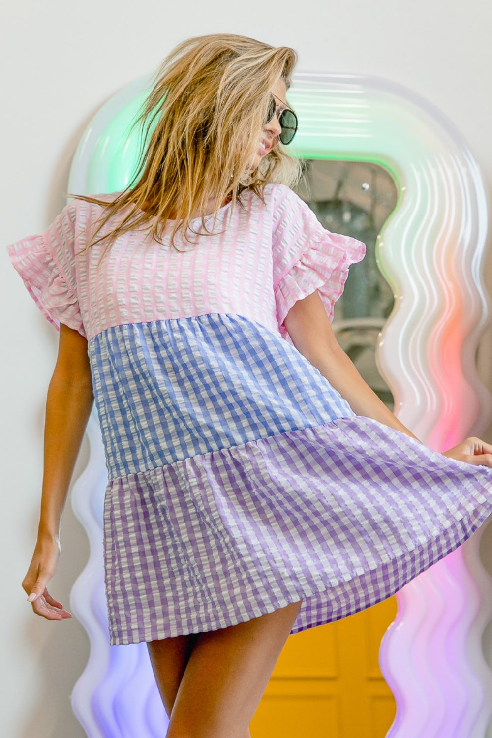 Carly Plaid Color Block Tiered Top