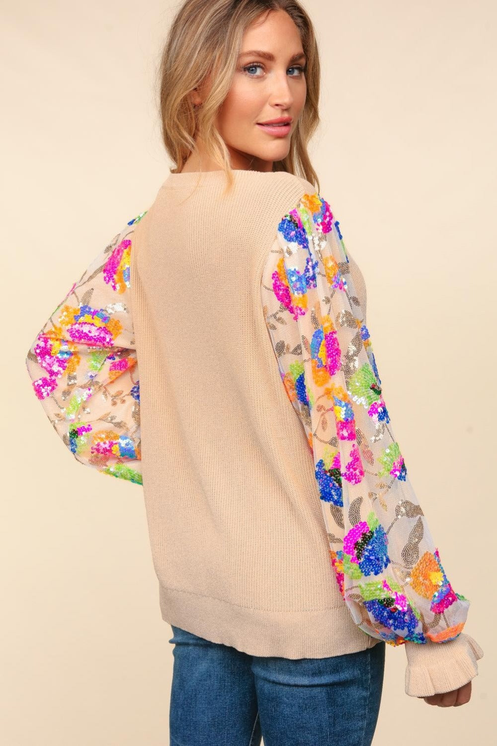 Floral Sequins Mesh Flounce Sleeve Sweater