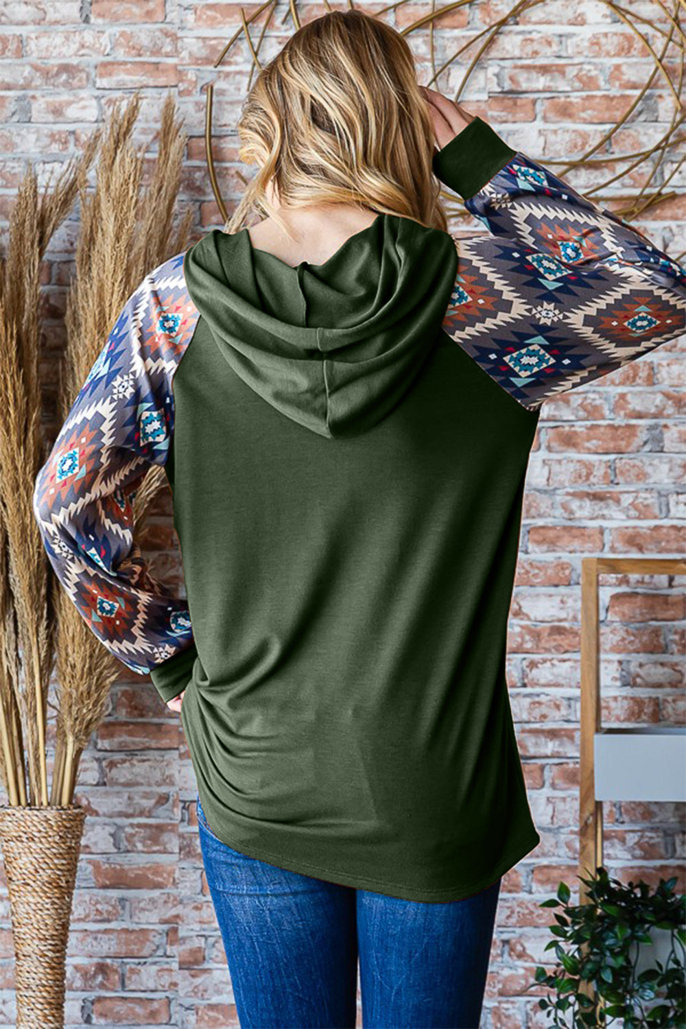 Reagan Half Button Printed Hooded Top in Olive