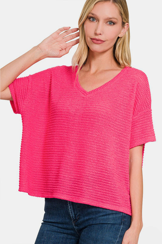 Moira Drop Shoulder Short Sleeve Jacquard Knit Top