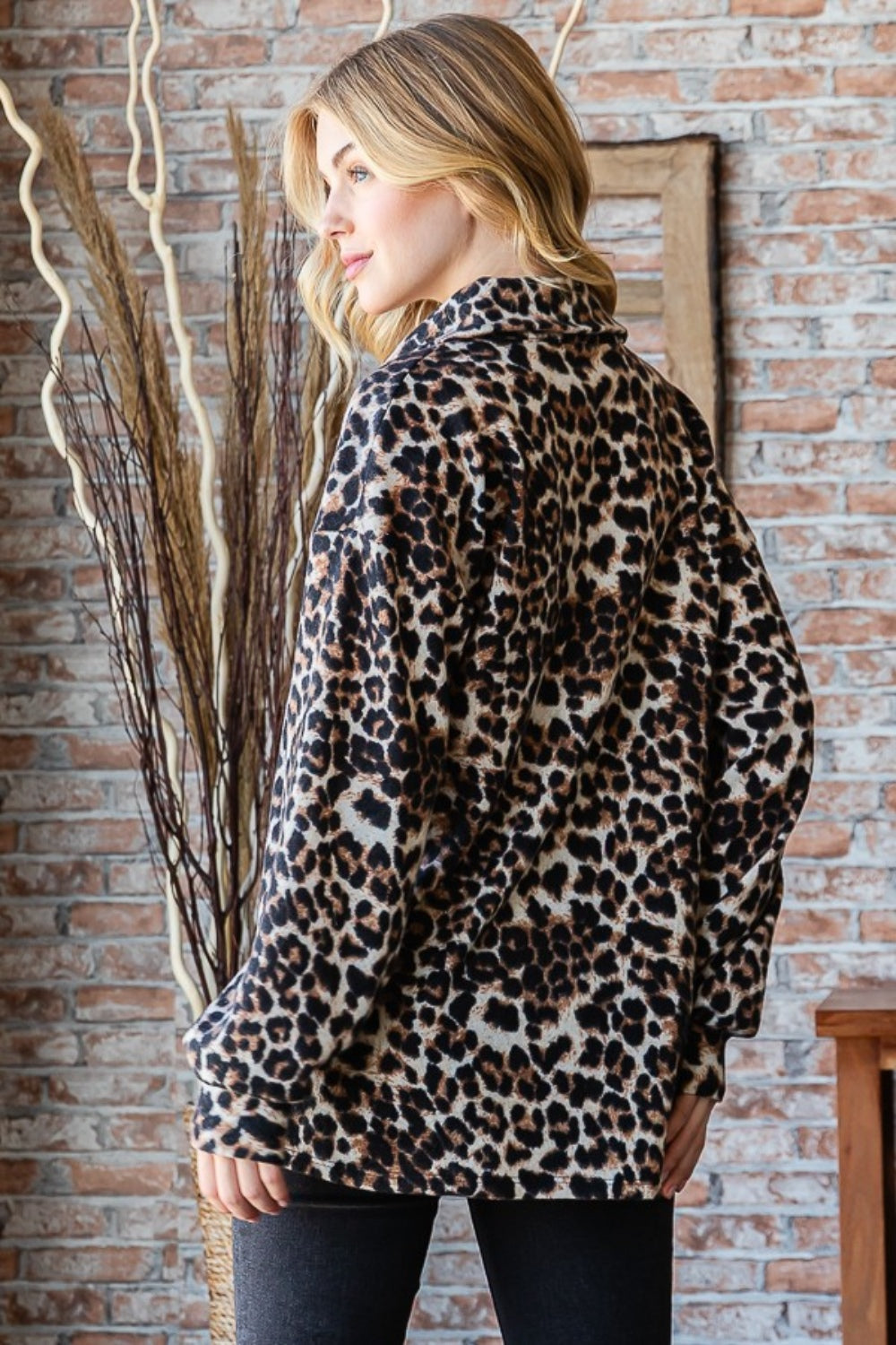 Leopard Johnny Collar Long Sleeve Top