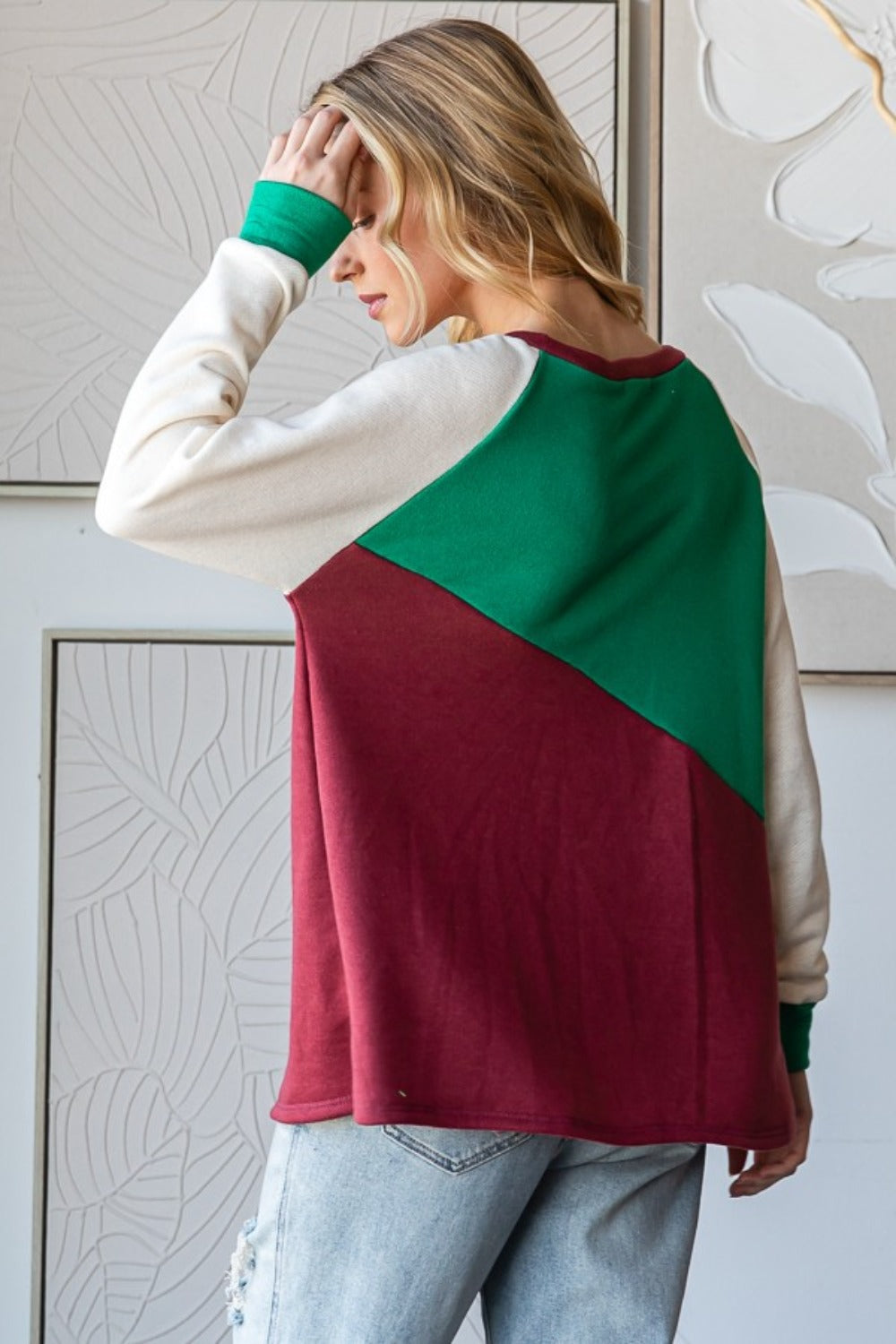 Kami Color Block Long Sleeve Top in K Green/Burgundy