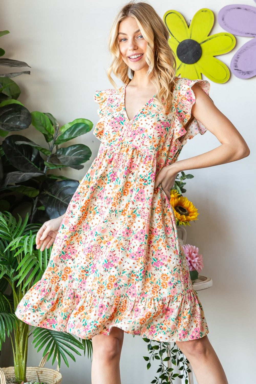 Katarina Floral Ruffled V-Neck Dress