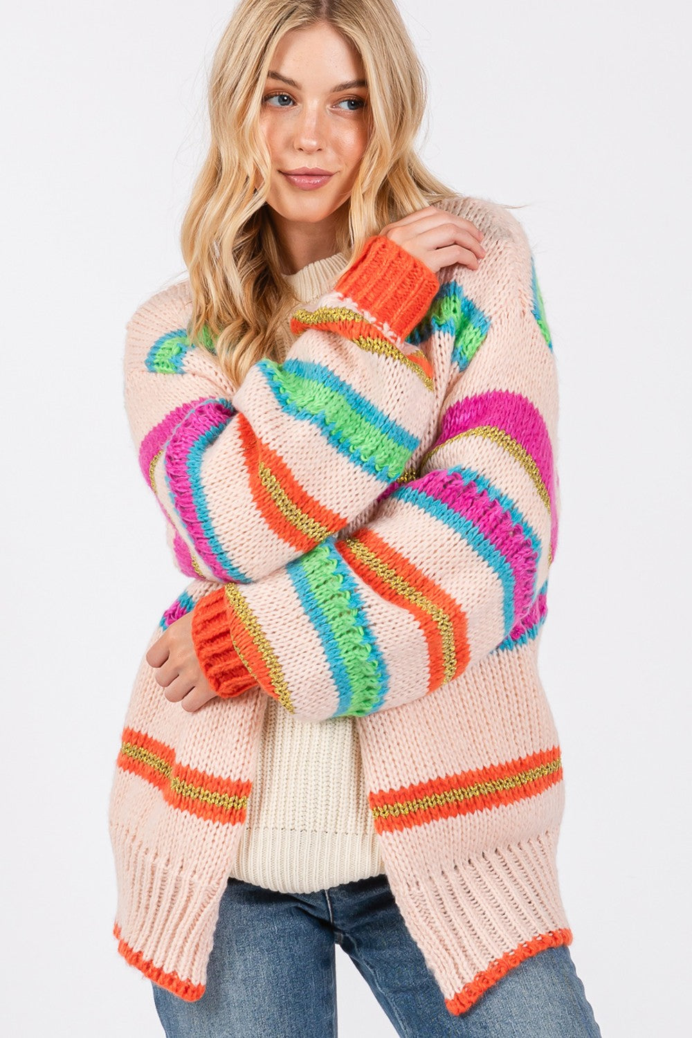 Karli Multicolor Striped Open Front Knit Cardigan