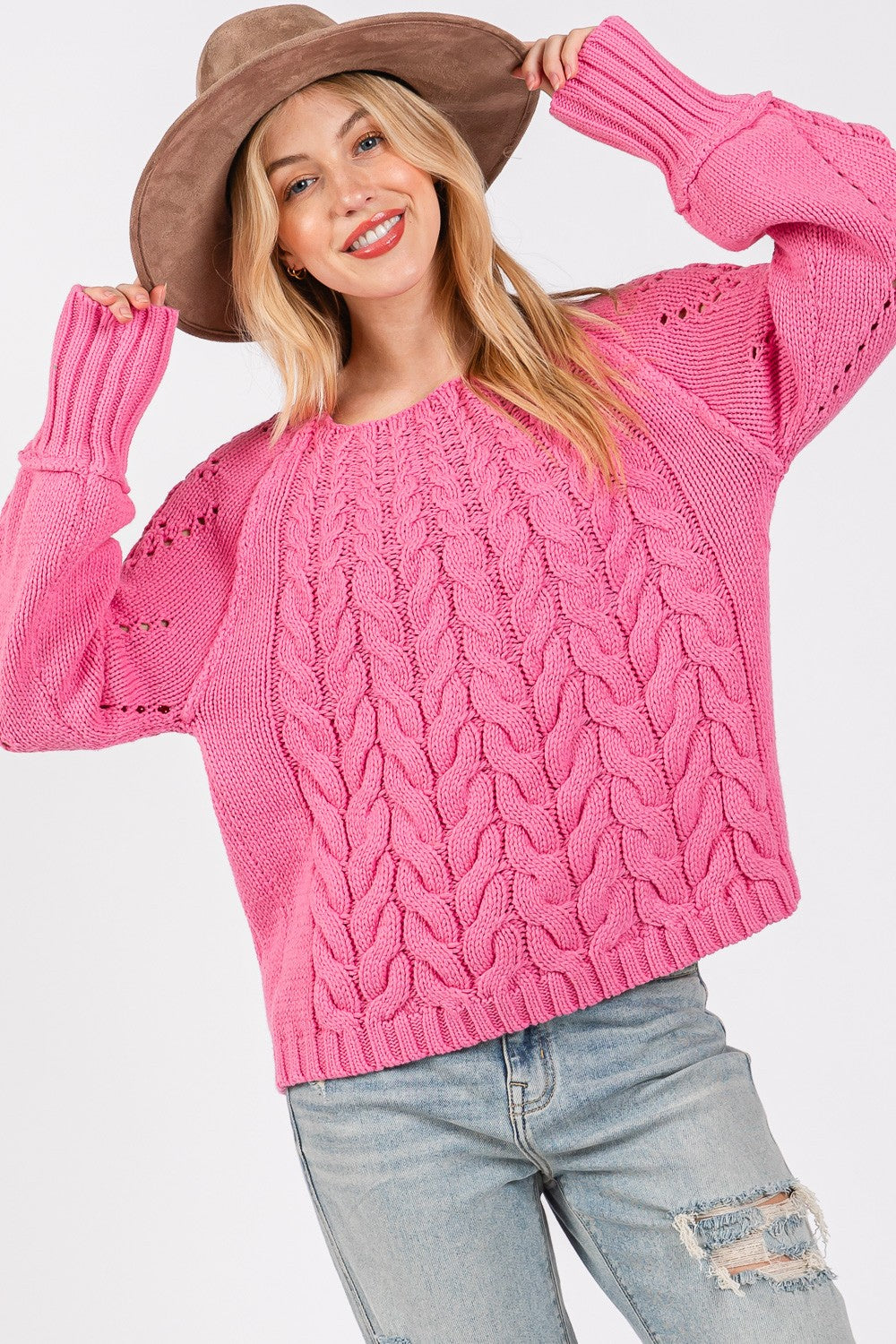 Cable-Knit Long Sleeve Sweater in Deep Pink