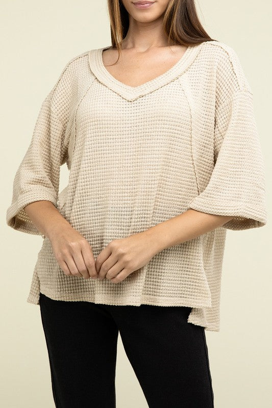 Sydney Brushed Waffle Exposed-Seam 3/4 Sleeve Top