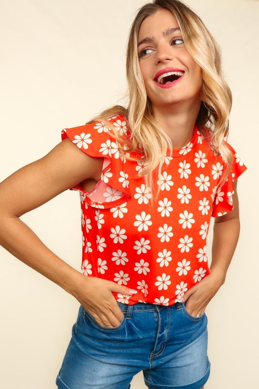 Dina Ruffled Floral Contrast Knit Top