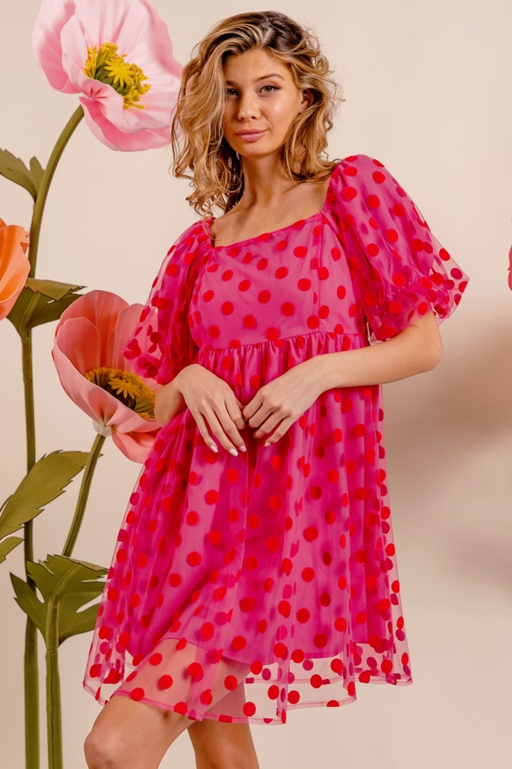 Ginger Polka Dot Mesh Puff Sleeve Dress