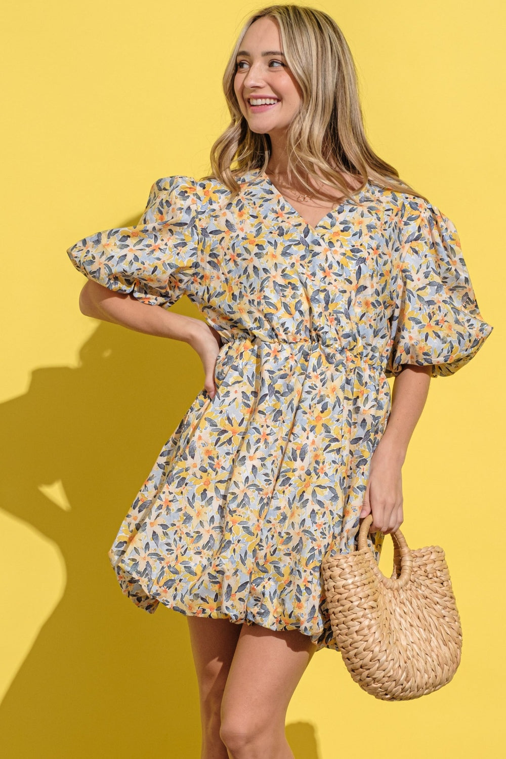 Virginia Floral Surplice Puff Sleeve Dress in Yellow