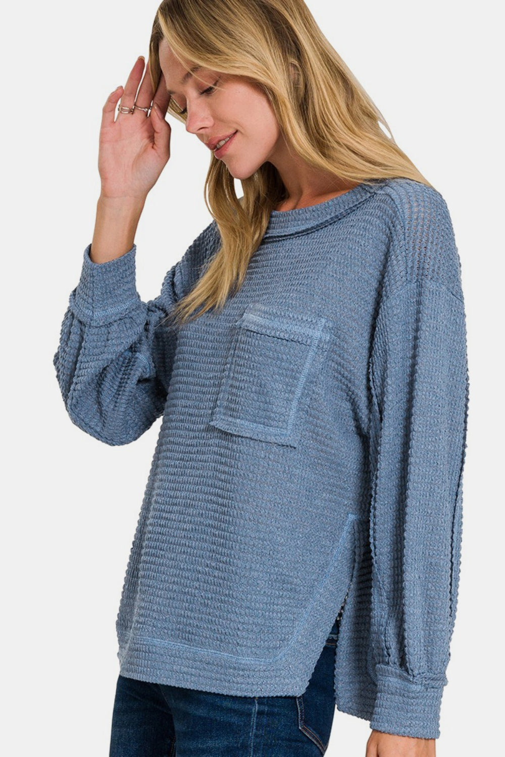 Exposed Seam Side Slit Long Sleeve Top in Dusty Blue