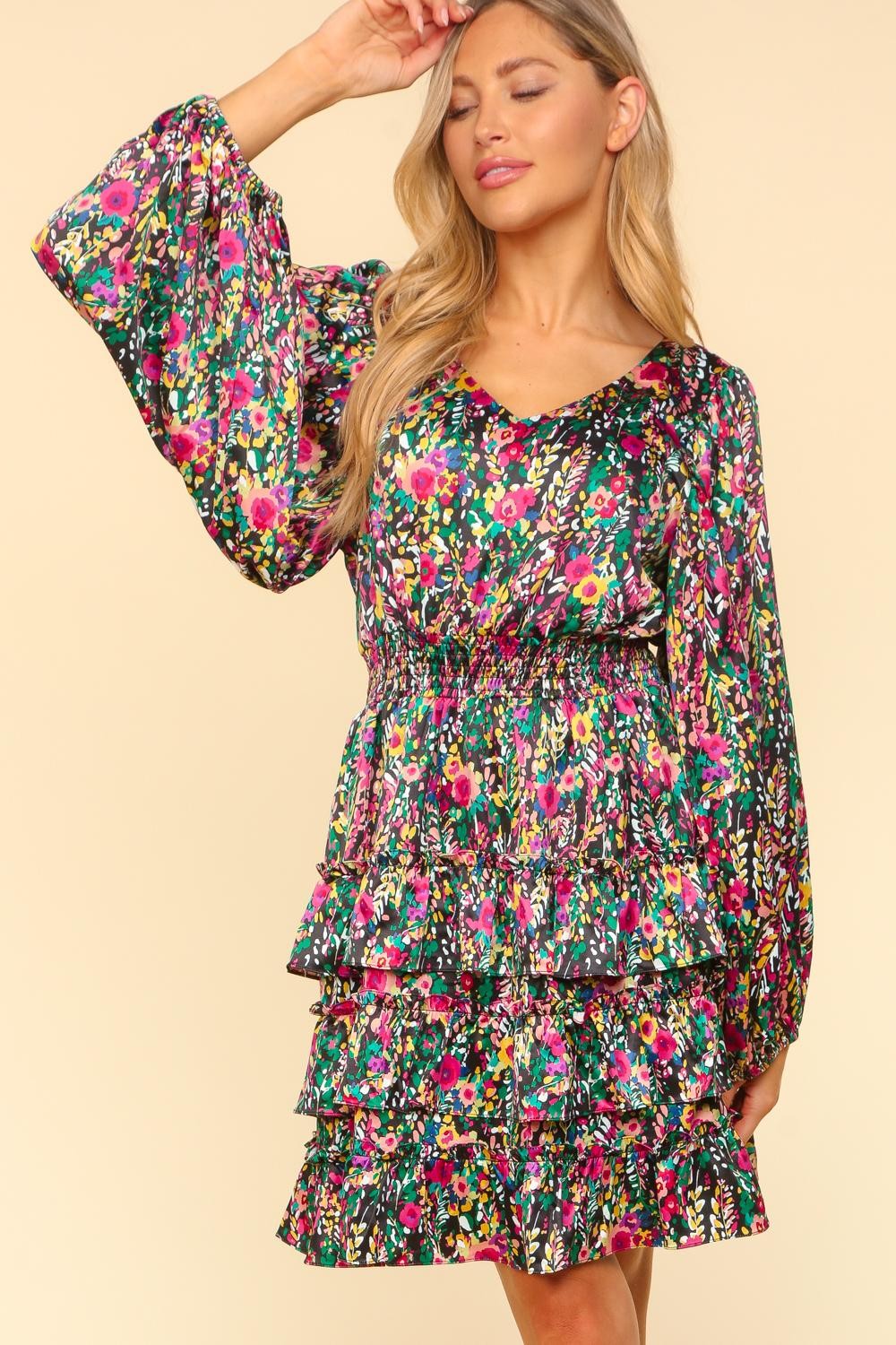 Jayda V-Neck Satin Floral Layered Dress