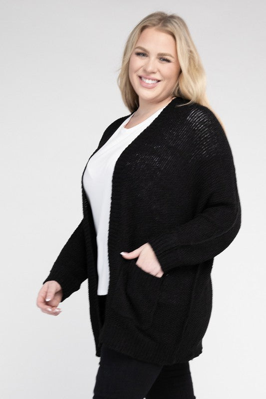 Estella Ribbed Knit Open Front Cardigan Plus