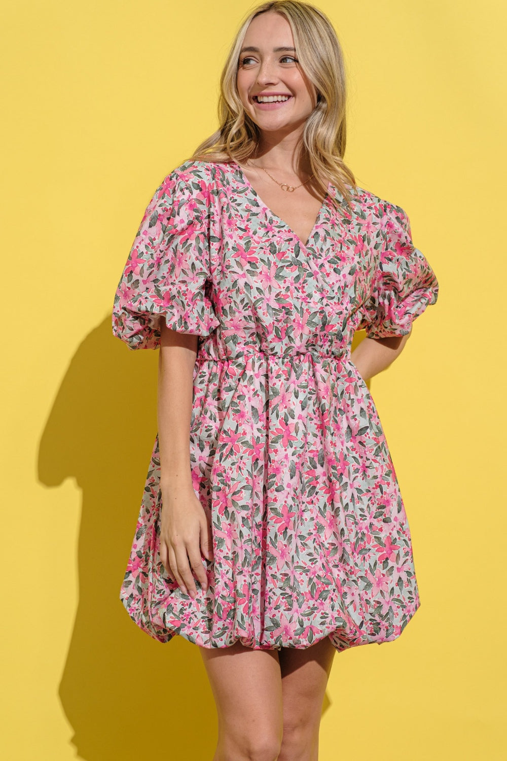 Virginia Floral Surplice Puff Sleeve Dress in Pink