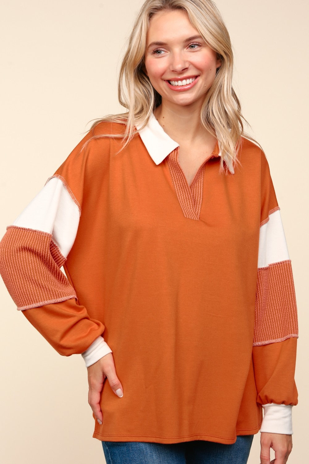 Gibby Color Block Exposed Seam Long Sleeve Top