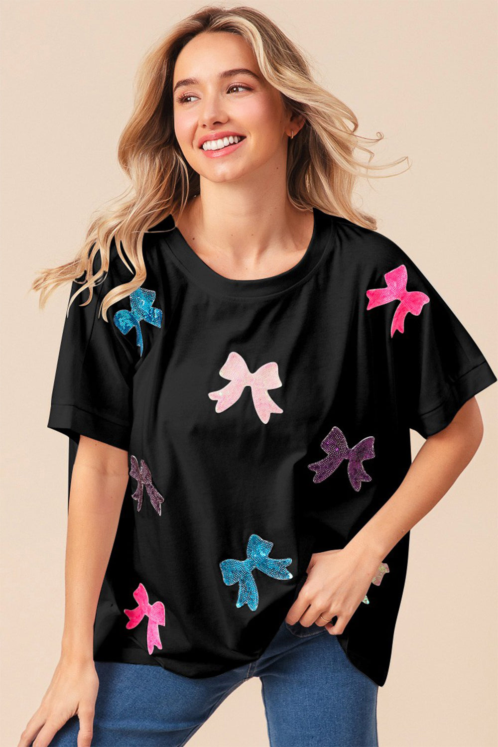 Sequin Bow Patch Short Sleeve Top in Black