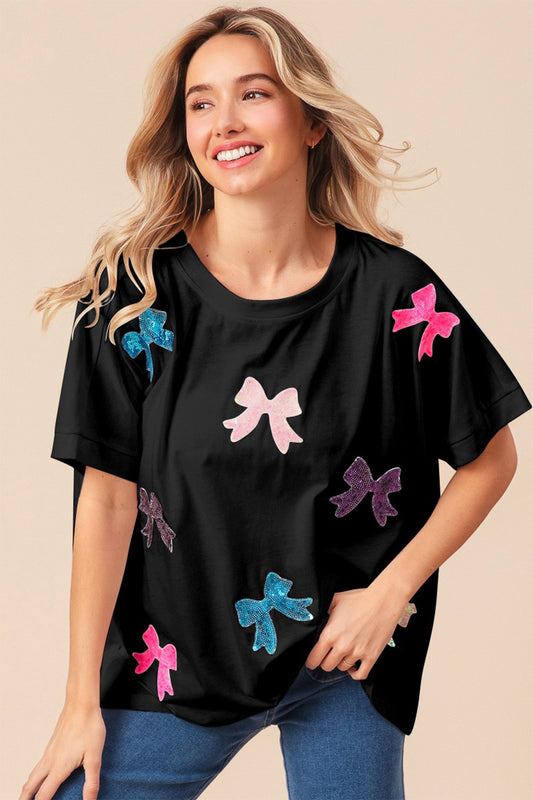 Sequin Bow Patch Short Sleeve Top in Black