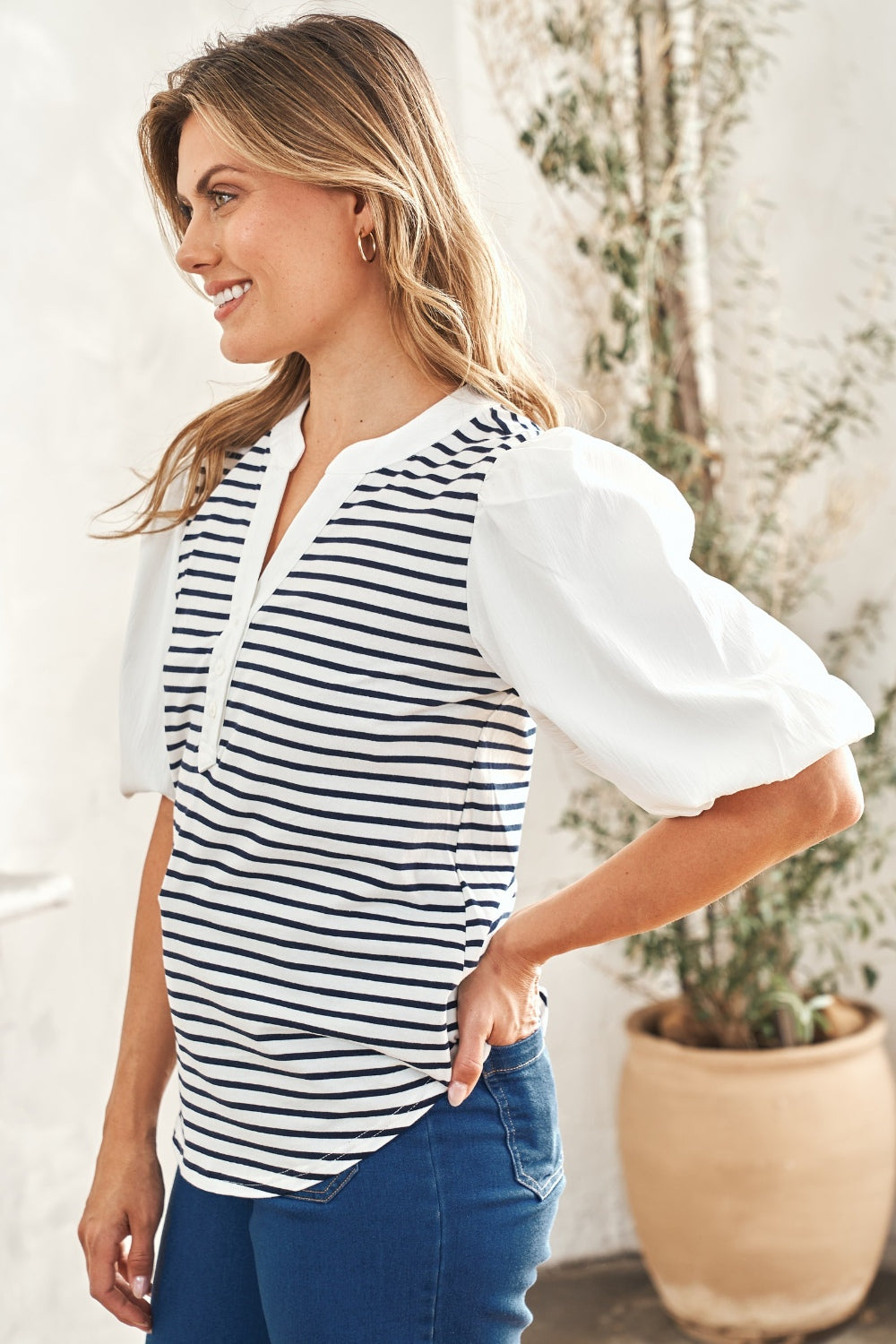 Perry Striped Contrast Puff Sleeve Top