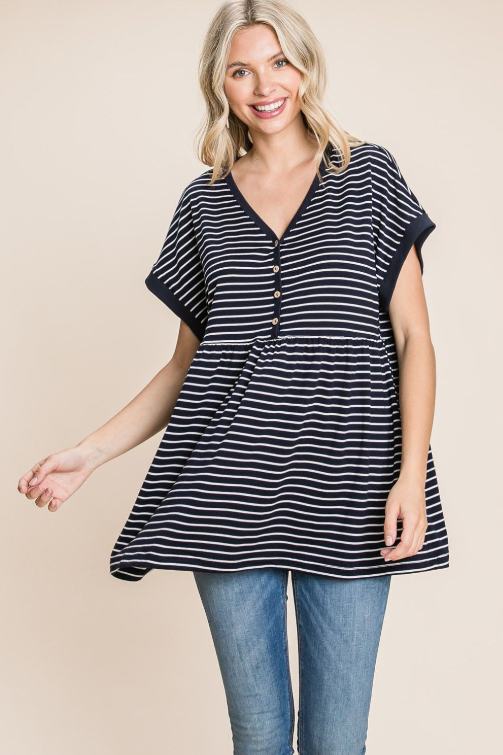 Shirley Striped Button Front Baby Doll Top