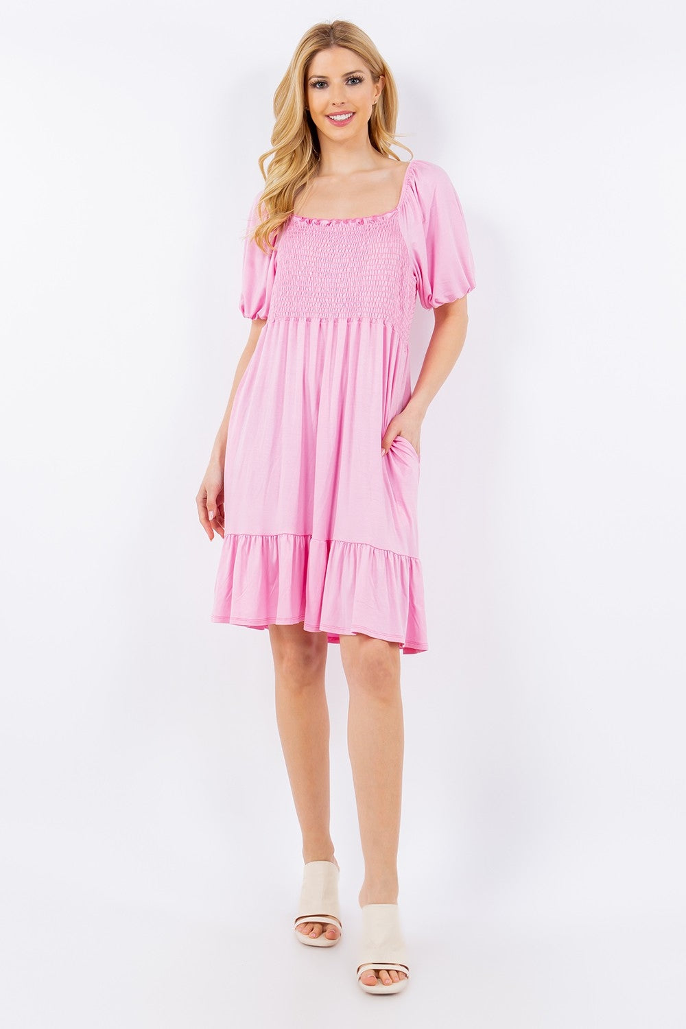 Deena Ruffle Hem Short Sleeve Smocked Dress