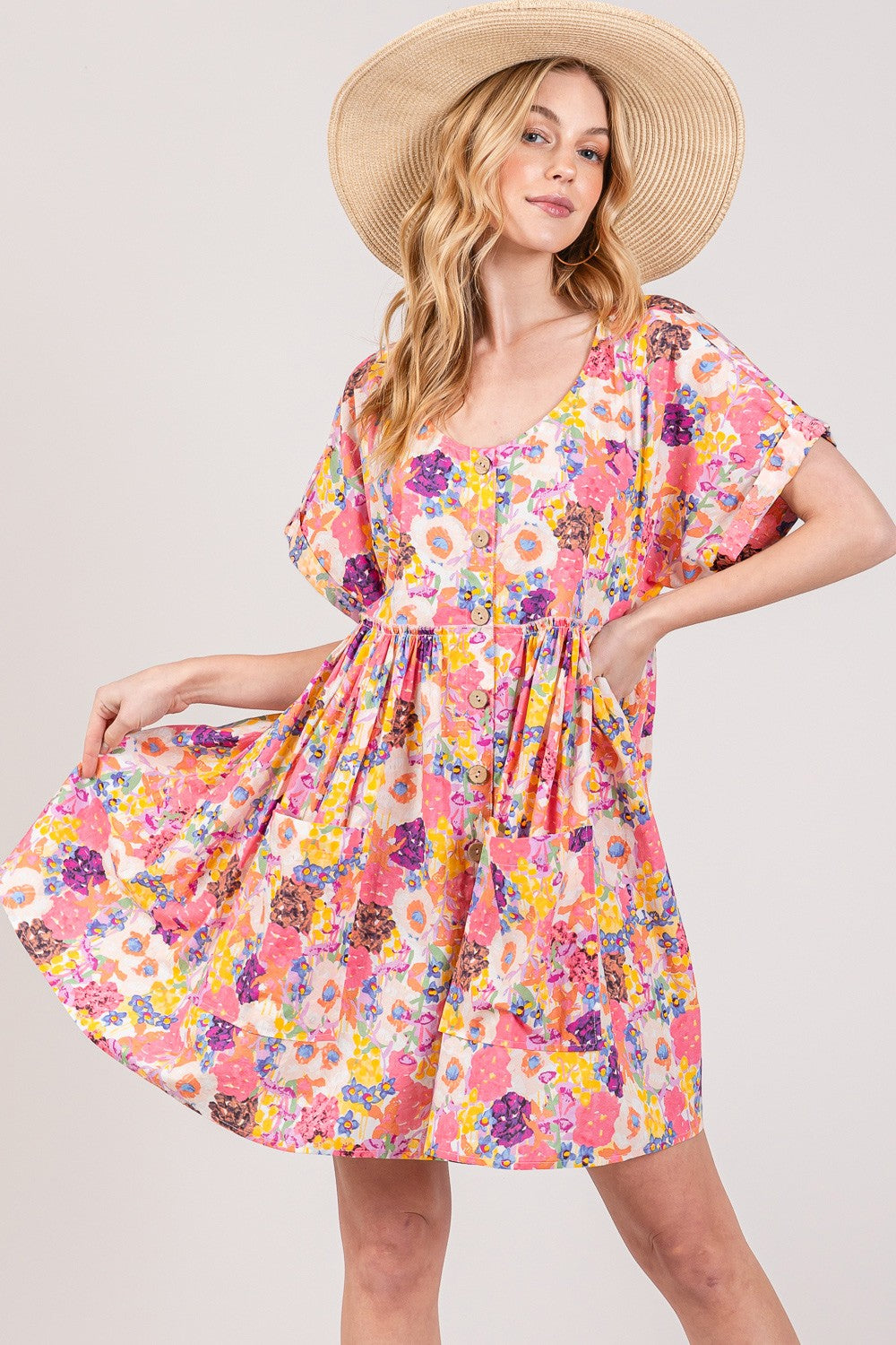 Floral Short Sleeve Babydoll Dress with Pockets