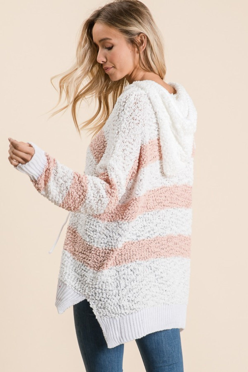 Galina High-Low Striped Popcorn Hoodie Sweater