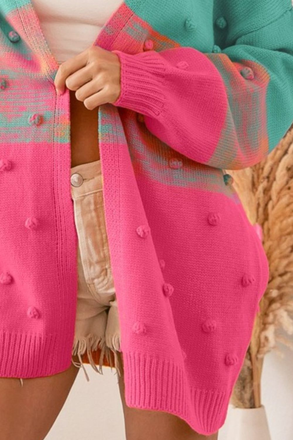 Color Block Pompom Sweater Cardigan