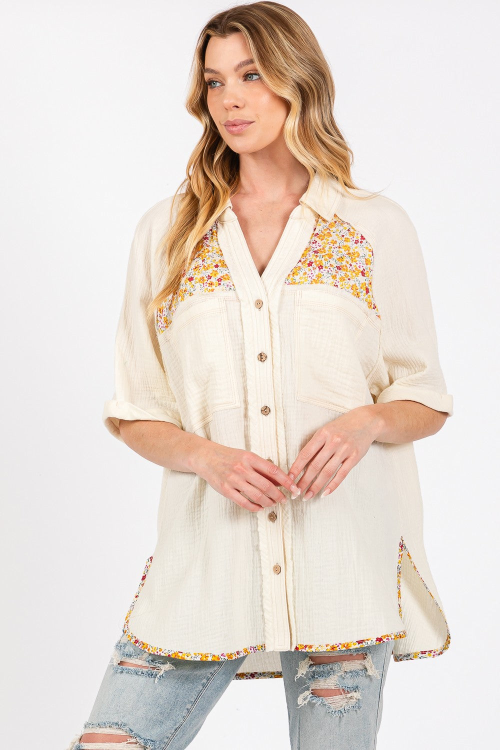 Emory Floral Detail Button Up Short Sleeve Shirt