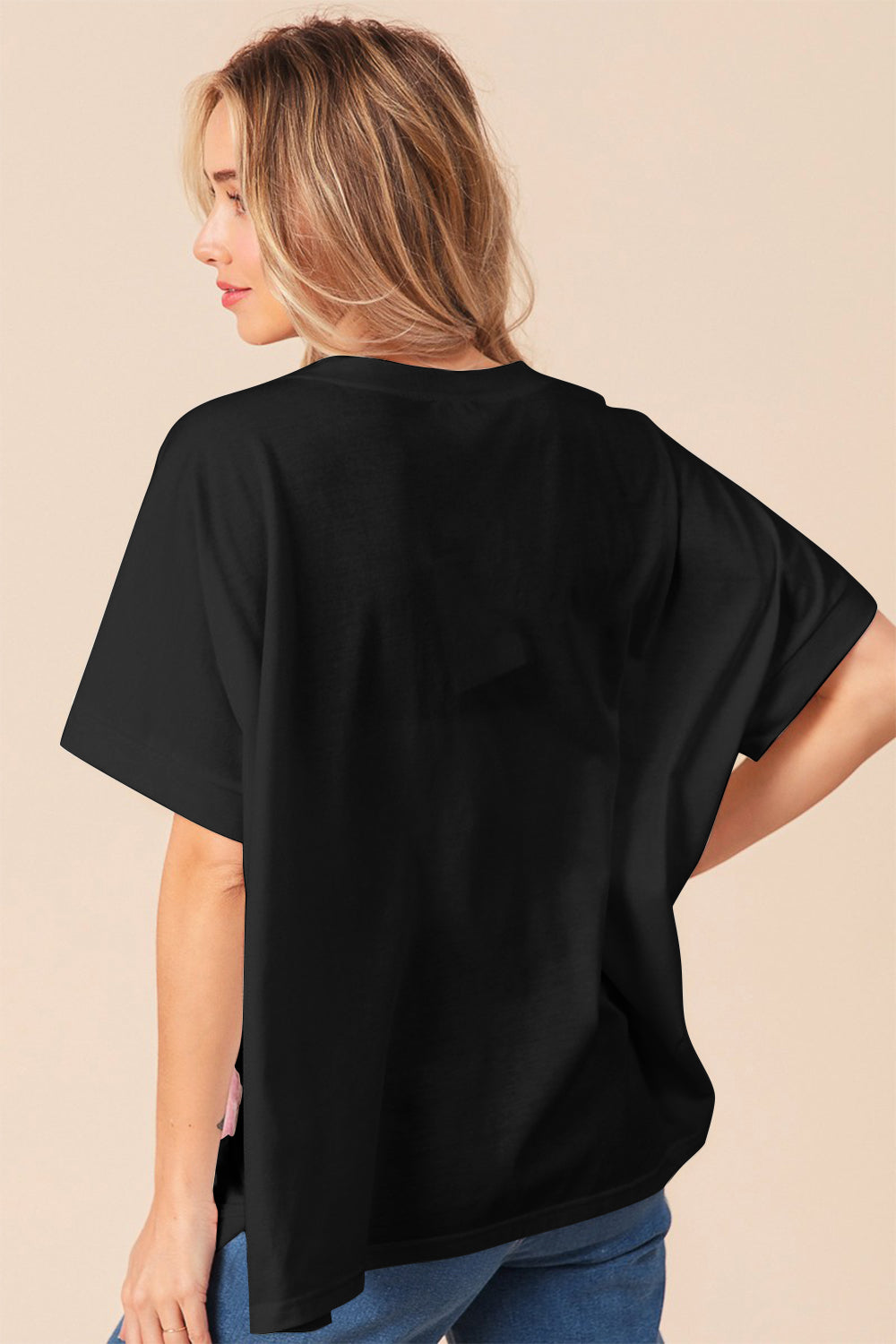 Sequin Bow Patch Short Sleeve Top in Black