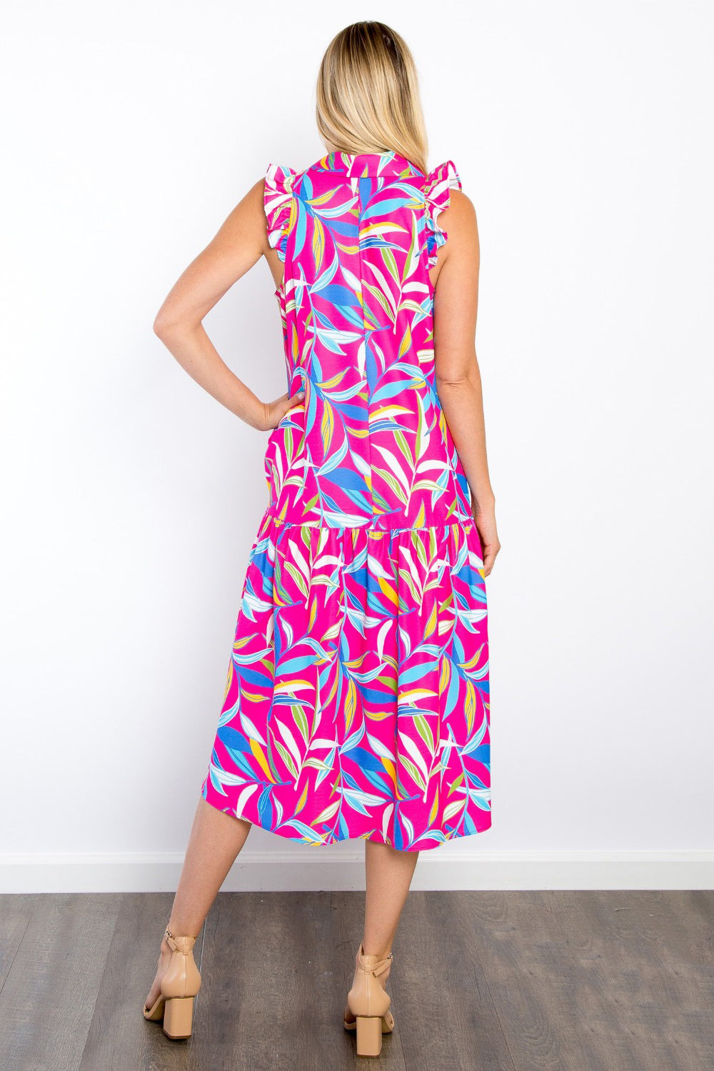 Kathy Print Ruffled Midi Dress with Pockets in Fuchsia