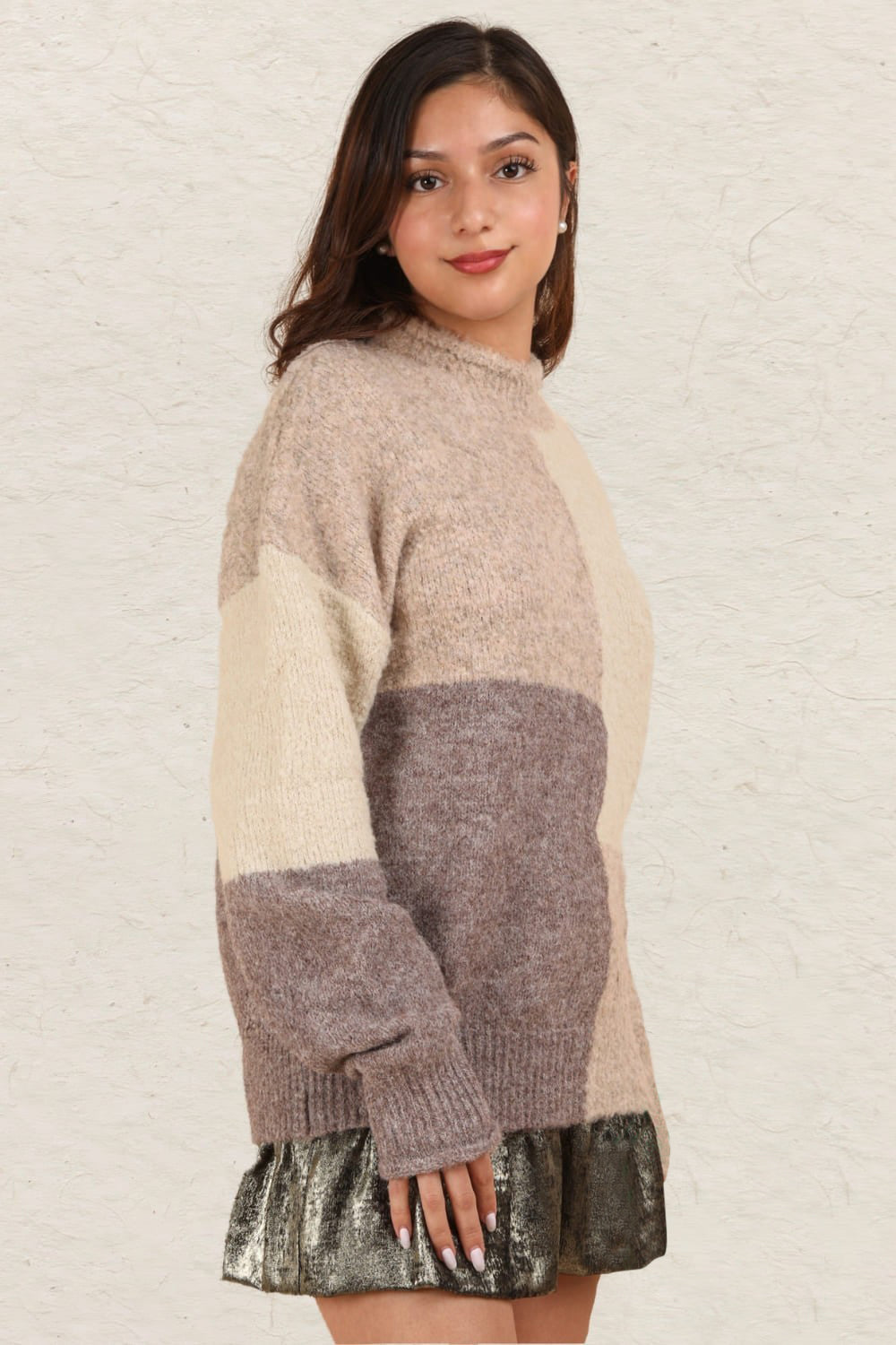 Kathy Color Block Mock Neck Drop Shoulder Sweater in Cream