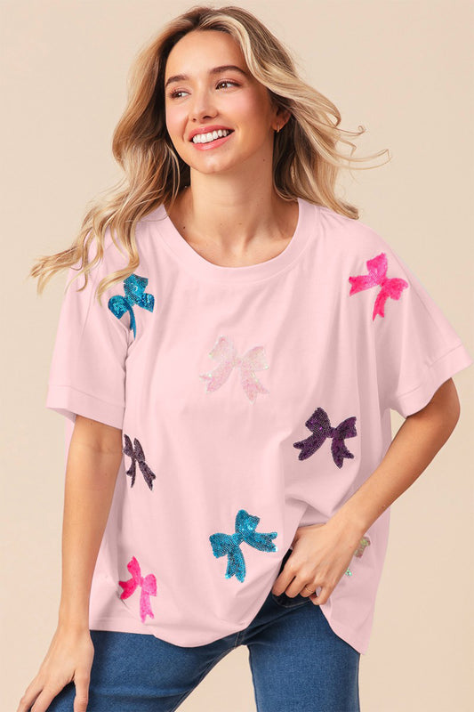 Sequin Bow Patch Short Sleeve Top in Pink