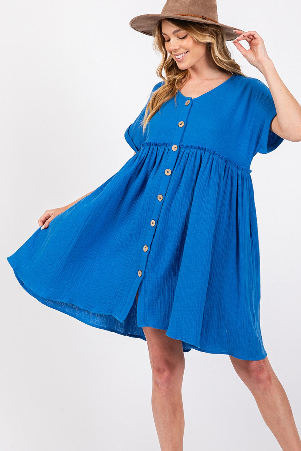 Kami Button Up Short Sleeve Dress in Blue