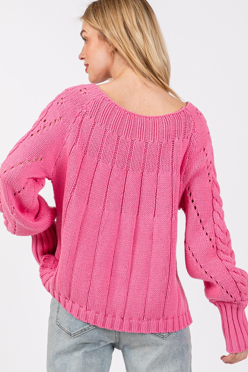 Cable-Knit Long Sleeve Sweater in Deep Pink