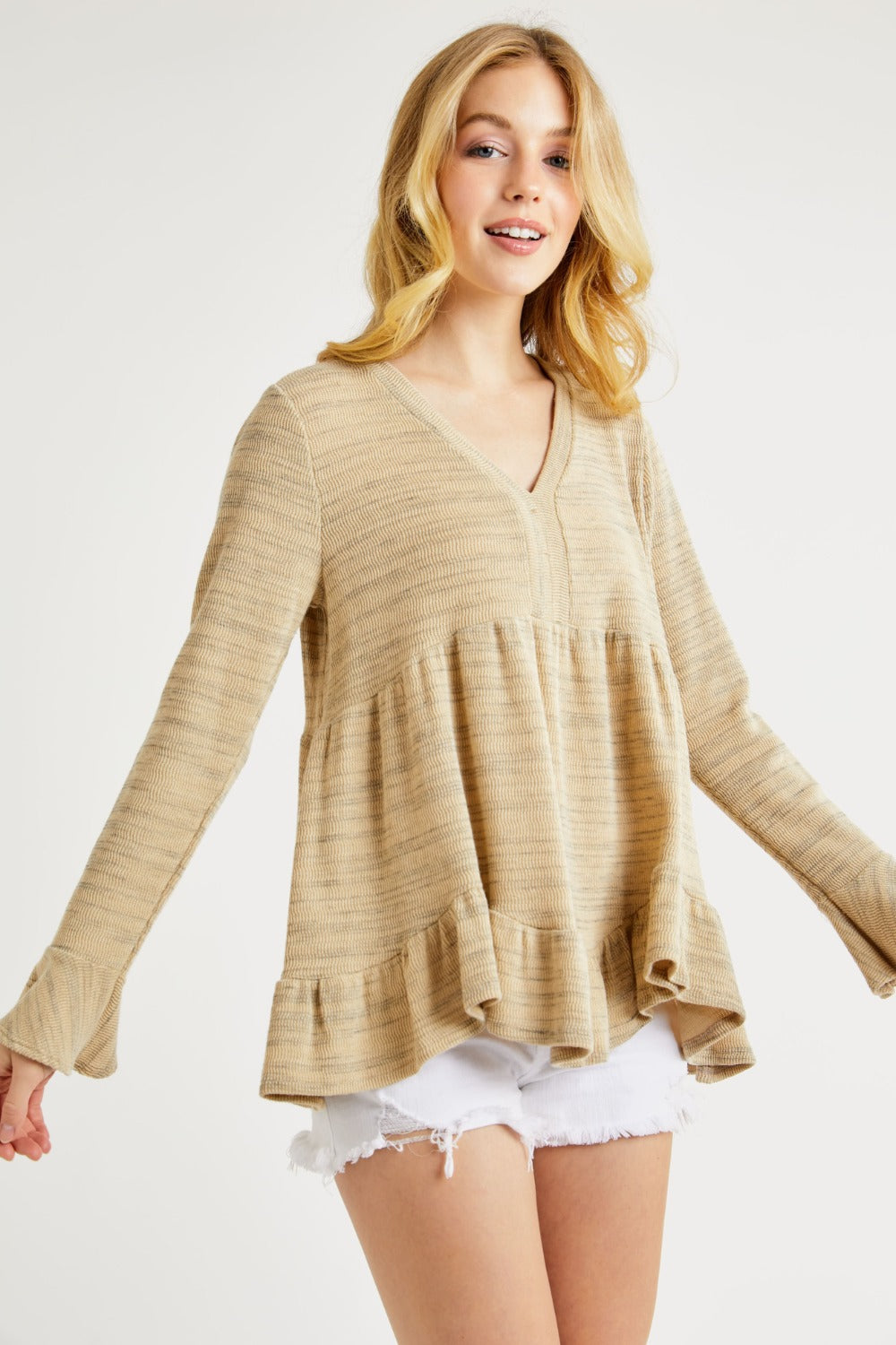 Cindy V-Neck Flounce Sleeve Knit Top