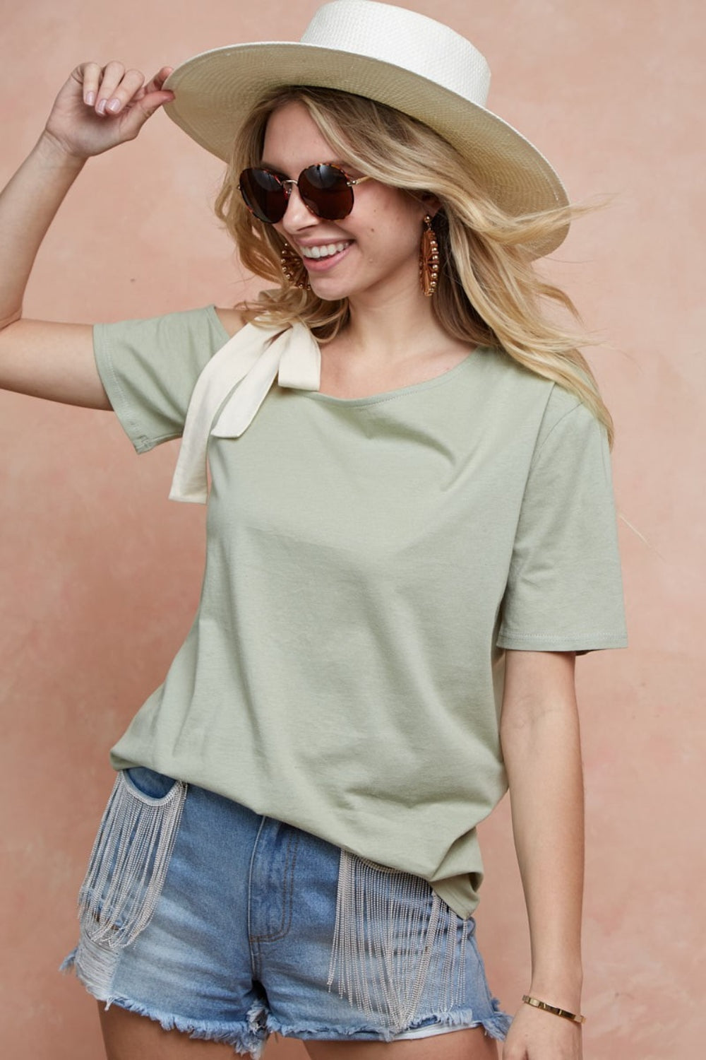 Tied Ribbon One Shoulder Short Sleeve Top