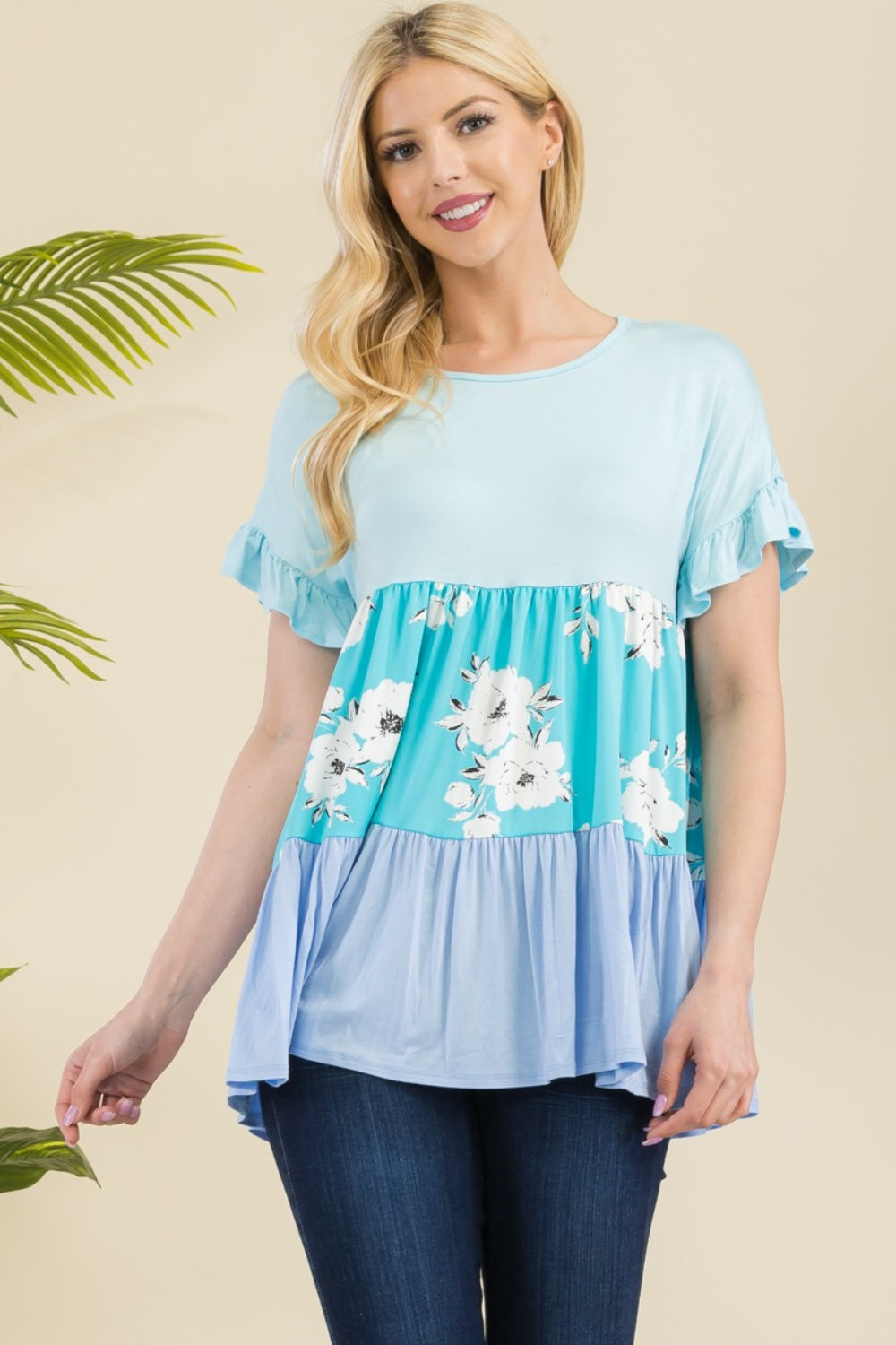 Amy Floral Color Block Ruffled Top