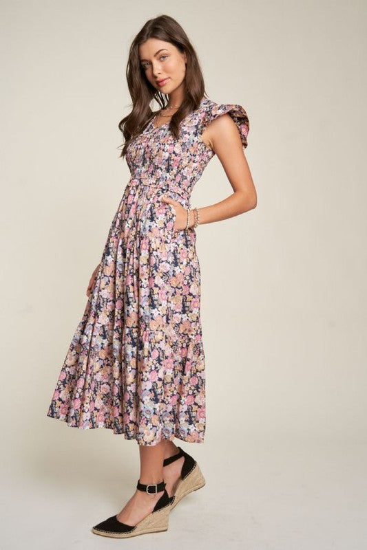 Marlena Floral Flutter Smocking Midi Dress