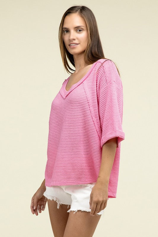 Sydney Brushed Waffle Exposed-Seam 3/4 Sleeve Top